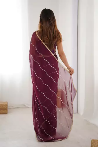 Wine beads sequin work chiffon saree