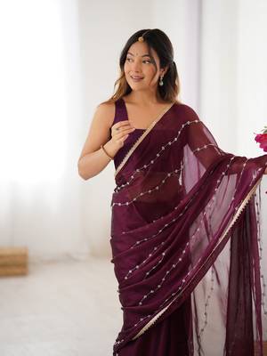 Wine beads sequin work chiffon saree 3