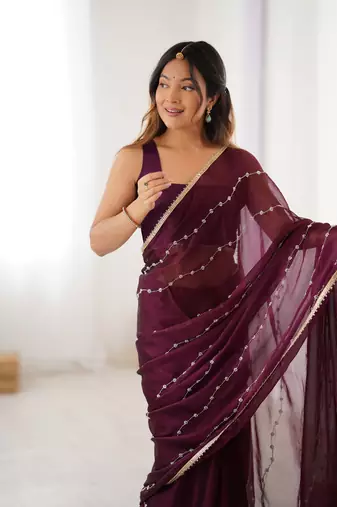 Wine beads sequin work chiffon saree