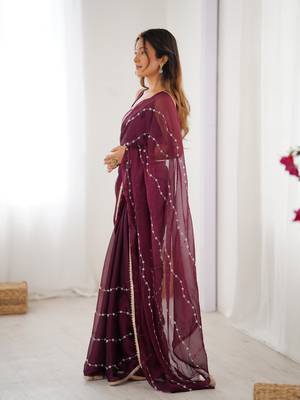 Wine beads sequin work chiffon saree 4