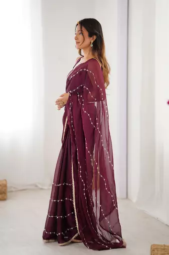 Wine beads sequin work chiffon saree