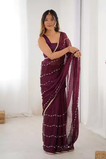 Wine beads sequin work chiffon saree