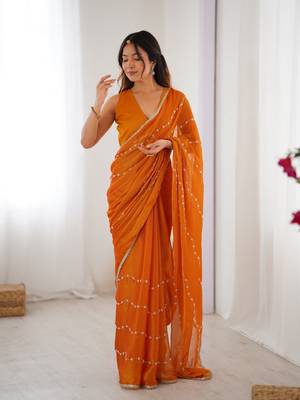 Yellow beads sequin work chiffon saree 1
