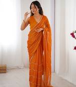 Yellow beads sequin work chiffon saree