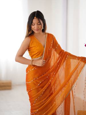 Yellow beads sequin work chiffon saree 3