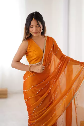 Yellow beads sequin work chiffon saree