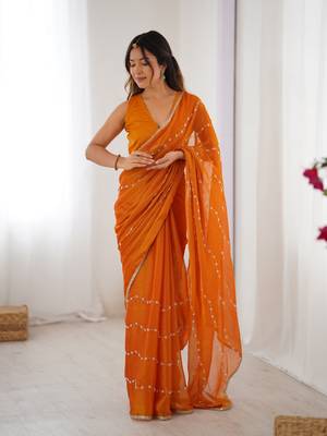Yellow beads sequin work chiffon saree 5