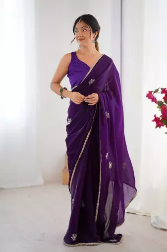 Purple beads and sequin work saree