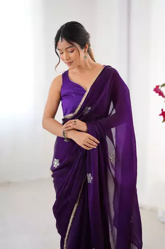 Purple beads and sequin work saree