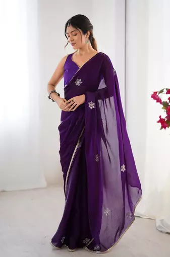 Purple beads and sequin work saree