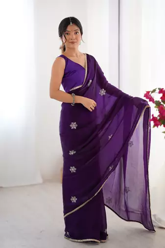 Purple beads and sequin work saree