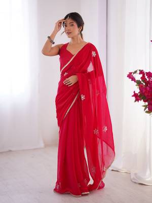 Red beads and sequin work saree 1