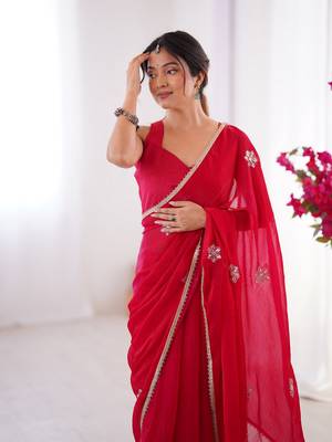 Red beads and sequin work saree 3