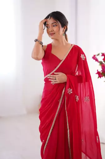 Red beads and sequin work saree