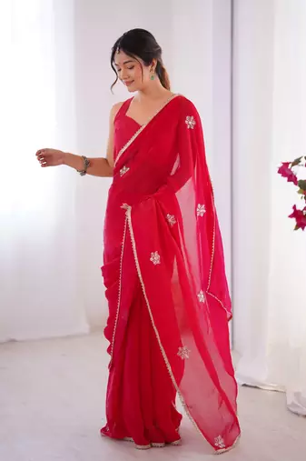 Red beads and sequin work saree