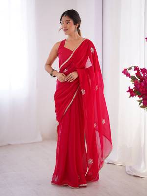 Red beads and sequin work saree 5