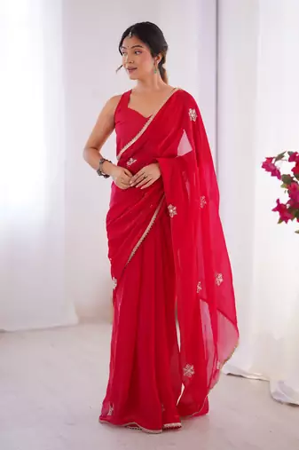 Red beads and sequin work saree