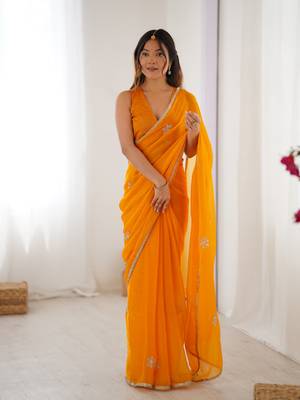Yellow beads and sequin work saree 1