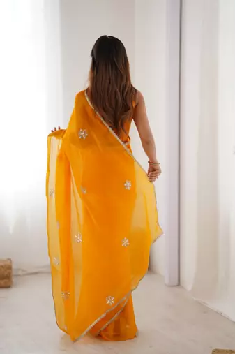 Yellow beads and sequin work saree