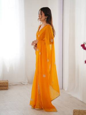 Yellow beads and sequin work saree 4