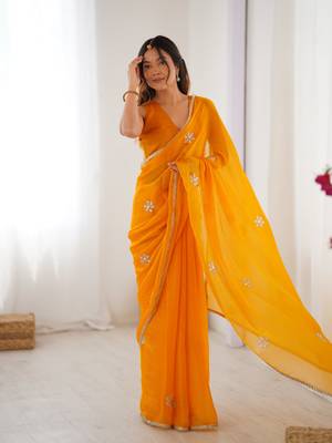 Yellow beads and sequin work saree 5