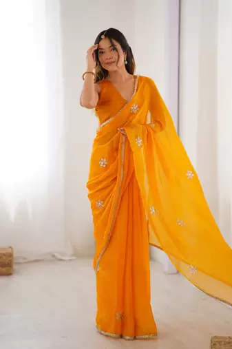 Yellow beads and sequin work saree