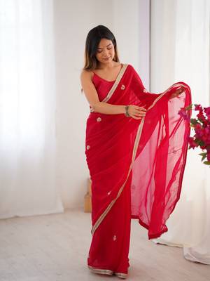 Red fancy partywear saree 4