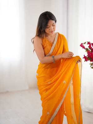Yellow fancy partywear saree 3