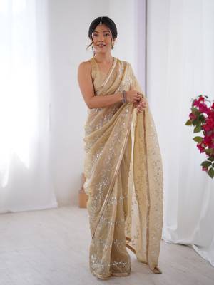Beige gold crush sequins and mofis work saree 1