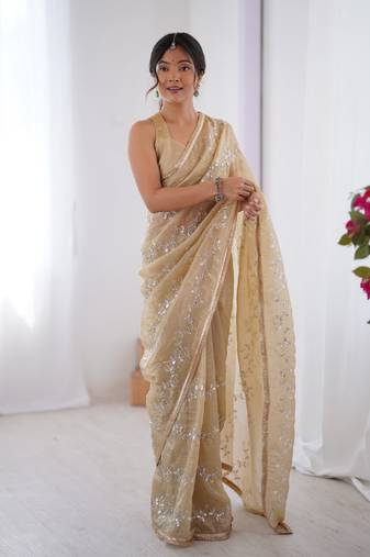 Beige gold crush sequins and mofis work saree
