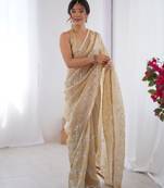Beige gold crush sequins and mofis work saree