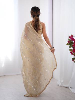 Beige gold crush sequins and mofis work saree 2