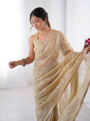 Beige gold crush sequins and mofis work saree 3