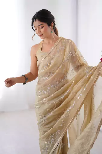 Beige gold crush sequins and mofis work saree