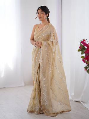 Beige gold crush sequins and mofis work saree 4