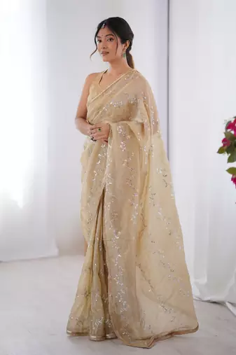 Beige gold crush sequins and mofis work saree
