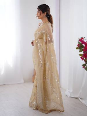 Beige gold crush sequins and mofis work saree 5