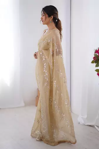 Beige gold crush sequins and mofis work saree