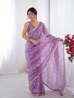 Purple gold crush sequins and mofis work saree 1