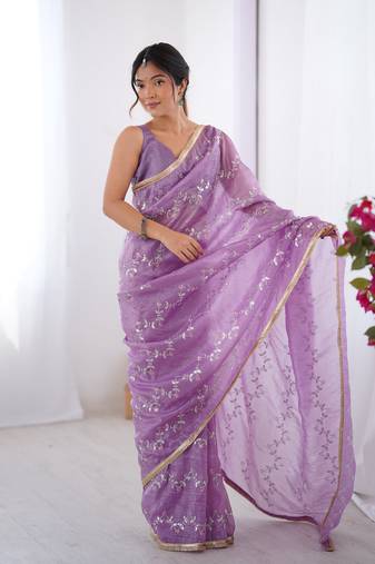 Purple gold crush sequins and mofis work saree