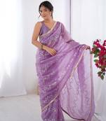 Purple gold crush sequins and mofis work saree