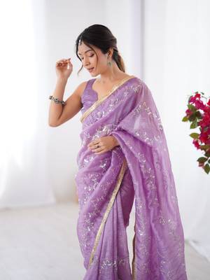 Purple gold crush sequins and mofis work saree 3
