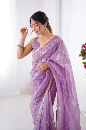 Purple gold crush sequins and mofis work saree