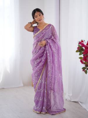Purple gold crush sequins and mofis work saree 4