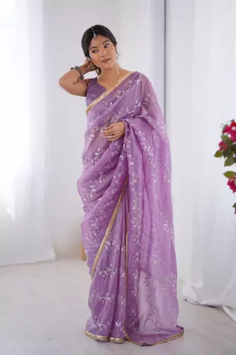 Purple gold crush sequins and mofis work saree