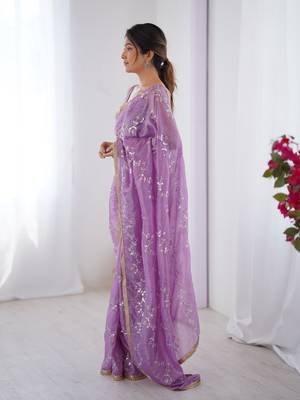 Purple gold crush sequins and mofis work saree 5