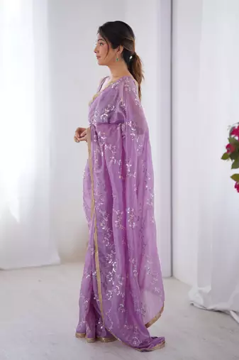 Purple gold crush sequins and mofis work saree