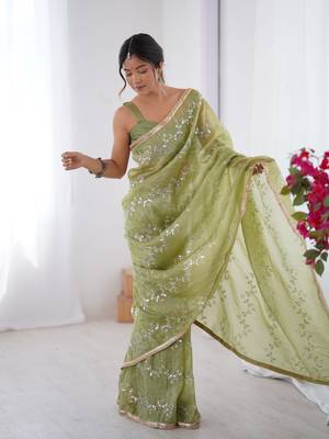 Pista gold crush sequins and mofis work saree 1