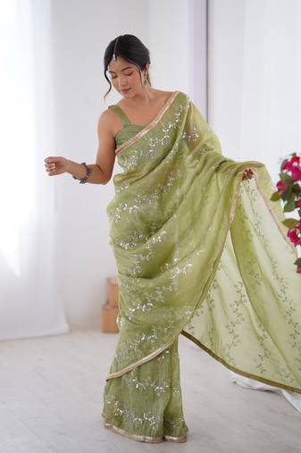 Pista gold crush sequins and mofis work saree
