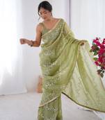 Pista gold crush sequins and mofis work saree